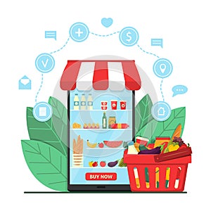 Online Grocery Shopping Concept. Supermarket in smartphone with product basket and icons. E-commerce online store. Ordering food