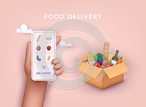 Online grocery shopping. elivery service. Online ordering of food, grocery delivery, e-commerce. 3D Vector Illustrations