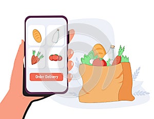 Online grocery shopping. elivery service. Online ordering of food, grocery delivery, e-commerce. Vector Illustrations