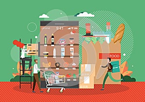Online grocery store. People buying food using mobile app, vector illustration. Online grocery order delivery service.