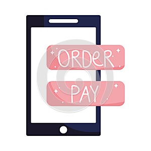 Online grocery store, smartphone order pay button app, isolated icon design white background