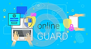 Online guard app on laptop creative concept vector illustration