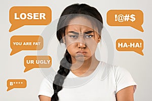 Online harassment and cyber bullying. Collage of upset African American girl and offensive chat messages