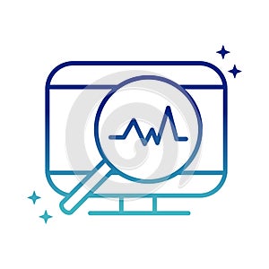 Online health, computer magnifier pulse cardiology covid 19 pandemic gradient line icon