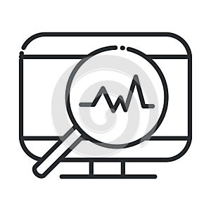 Online health, computer magnifier pulse cardiology covid 19 pandemic line icon
