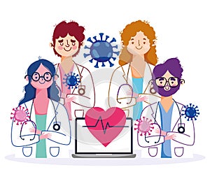 Online health, staff female and male doctors with laptop and stethoscope characters covid 19 pandemic