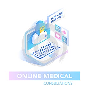 Online Healthcare Isometric Concept. Medical Consultation, Diagnostics Application on Computer. Modern Medical
