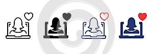 Online Help Icon Set. Computer Psychologist Support and Therapy Online with Heart Pictogram. Virtual Woman Operator Icon