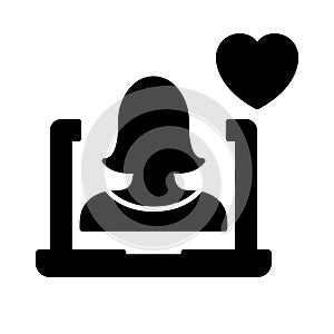 Online Help Silhouette Icon. Computer Psychologist Support and Therapy with Heart Black Pictogram. Virtual Woman