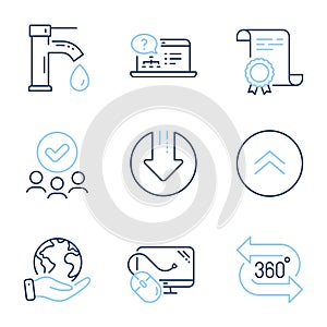 Online help, Swipe up and Computer mouse icons set. Download arrow, 360 degree and Tap water signs. Vector