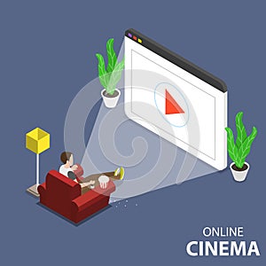 Online home movie theatre flat isometric vector concept.