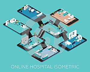 Online Hospital Isometric Scheme Icons