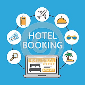 Online hotel booking. Laptop with holiday icons. Holiday vacation concept. Renting accommodations. Book button and bed