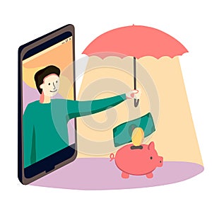 Online insurance, finance protection by smartphone. Man from mobile phone hold umbrella over piggy bank with money