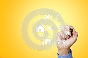 Online insurance on virtual screen. Life, car, property, health and family. Internet and digital technology concept.