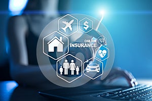 Online insurance on virtual screen. Life, car, property, health and family. Internet and digital technology concept.