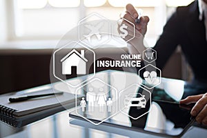 Online insurance on virtual screen. Life, car, property, health and family. Internet and digital technology concept.