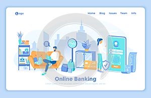 Online internet Banking, mobile payments. Fast easy securely money transactions. Man using laptop for online banking, accounting.