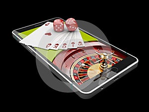 Online Internet casino app,poker cards with dice on the phone, gambling casino games. 3d illustration. photo