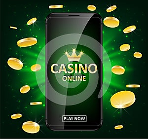 Online Internet casino label with money coins. Casino jackpot winner poster gamble with text. Playing Web poker success