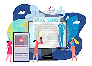 Online internet fake news, information at computer vector illustration. People use social media website at flat laptop