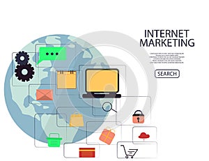 Online Internet Marketing Concept. Digital Marketing, store, Ecommerce shopping. Flat illustration.