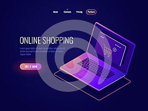 Online internet shopping isometric icon, website purchase, laptop with online shop page, laptop dark neon