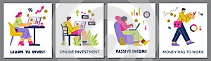 Online investment and passive income posters set, flat vector illustration.