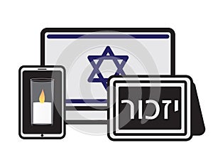 Online Israeli Memorial Day Ceremony, Israeli Flag, Hebrew Word Izkor - Remember, and Memorial Candle