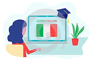 Online Italian Learning, distance education concept. Language training and courses. Woman student studies foreign languages on a