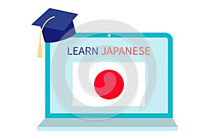 Online Japanese Learning, distance education concept. Language training and courses. Studying foreign languages on a website in a