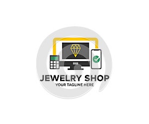 Online Jewelry shop showcase logo design. Diamond shop with rings and necklaces luxury retail store window display vector design