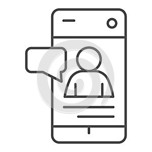 Online job messaging thin line icon. Smartphone with human silhouette and dialogue outline style pictogram on white