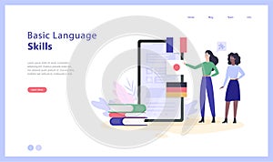 Online language courses concept web banner illustration