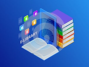 Online Learn or E-book library . Laptop computer with library books. Innovative education and technology. Vector