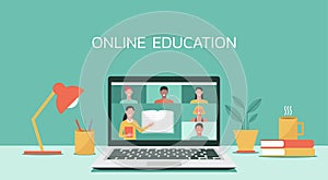 E-learning, online education, teacher teaching students on laptop