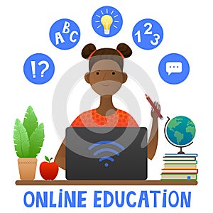 Online learning. African american girl at the computer