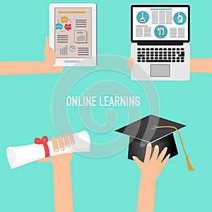 Online Learning Concept with graduated hat and diploma.illustration EPS10.