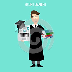 Online Learning Concept with graduated man holding computer and