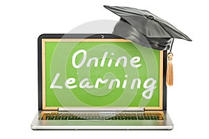 Online learning concept with laptop, 3D rendering