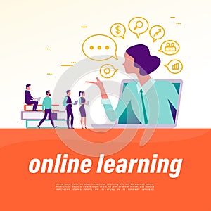 Online learning concept. People with device at laptop, lady teacher metaphor, video, social media, communication icons.