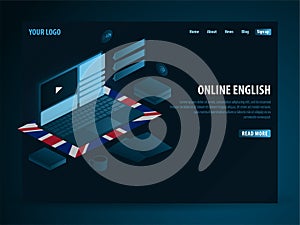 Online Learning English. Education concept, Online training, specialization, university studies. Isometric vector illustration.