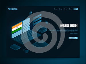 Online Learning Hindi. Education concept, Online training, specialization, university studies. Isometric vector illustration.