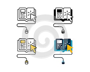 Online Learning icon with mouse and book vector design in 4 style line, glyph, duotone, and flat