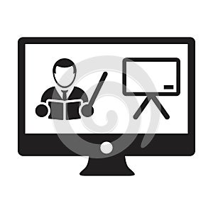 Online learning icon vector teacher symbol with computer monitor and whiteboard for online education class in a glyph pictogram