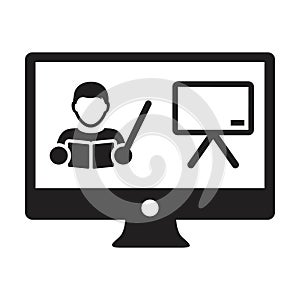 Online learning icon vector teacher symbol with computer monitor and whiteboard for online education class in a glyph pictogram