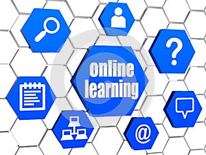 Online learning and internet signs in blue hexagons