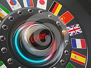 Online learning language concept. Switch knob button with flags.