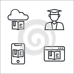 Online learning line icons. linear set. quality vector line set such as digital book, ebook, male student