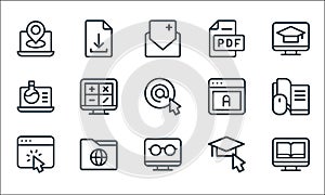 Online learning line icons. linear set. quality vector line set such as ebook, computer, cursor, graduation, folder, chemistry,